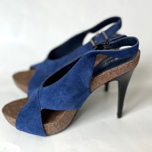 BCBGeneration Shoe Greer Open Toe Criss Cross Strap High Heel Blue Suede